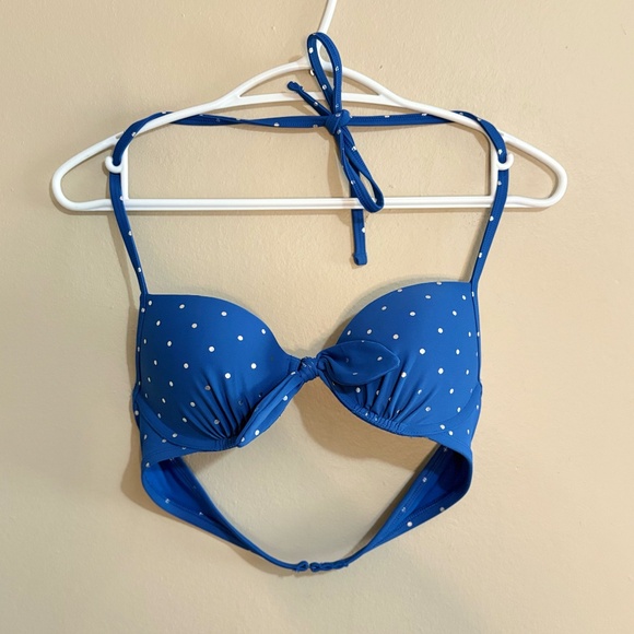 Aerie 34B Vibrant Blue & Silver Polkadot Push Up Halter Bikini Top - Picture 1 of 13